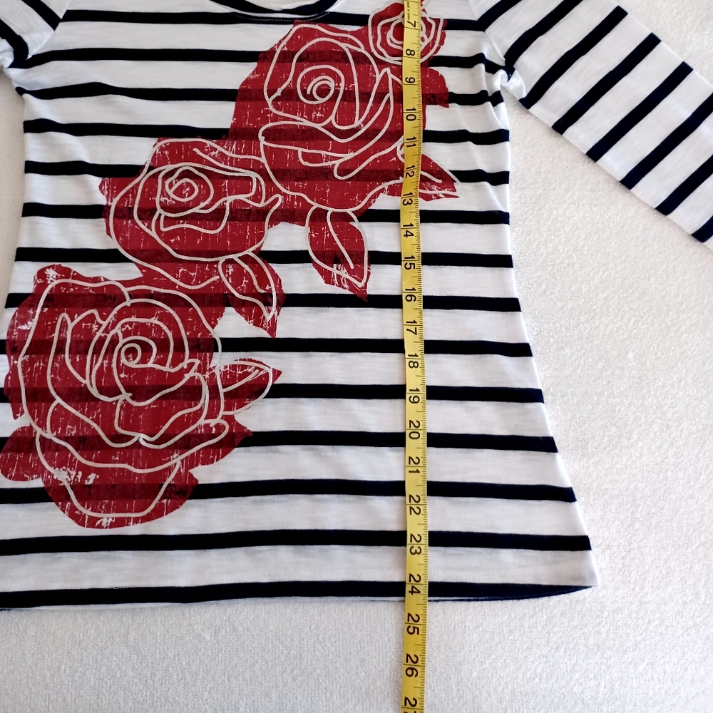 Madison Black and White Striped Top with Red Rose Design, Size Sp - Picture 11 of 12